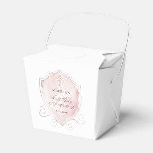 Pink Watercolor Crest First Communion Take Out Favour Box