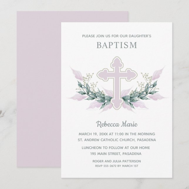 Pink Watercolor Cross Baptism Invitation (Front/Back)