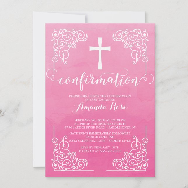Pink Watercolor Cross Confirmation Invitation (Front)