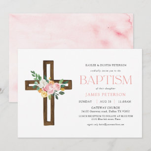 Pink Watercolor Cross Floral Baptism Invitation