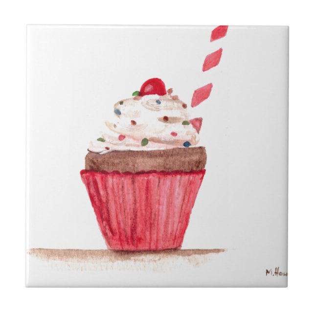Pink watercolor Cupcake food art Tile (Front)