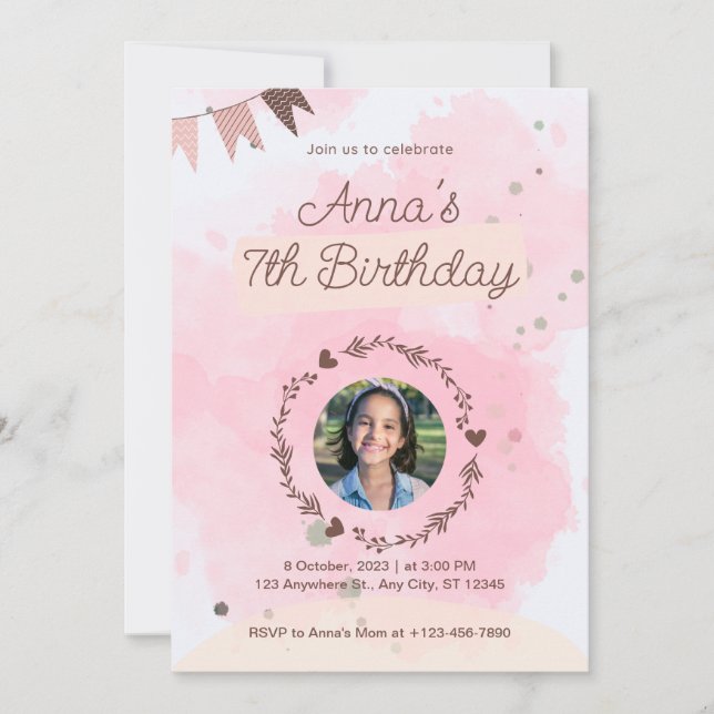 Pink Watercolor Cute Birthday Invitation (Front)