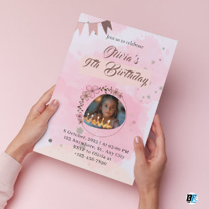 Pink Watercolor Cute Elegant Birthday Invitation