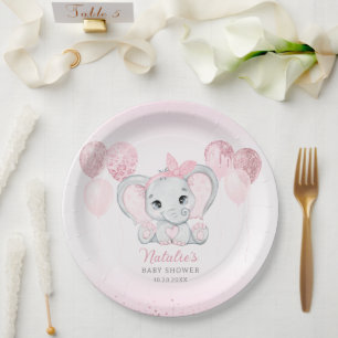 Pink Watercolor Cute Elephant Girl Baby Shower  Paper Plate