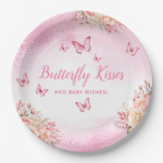 Pink watercolor cute floral butterfly baby shower paper plate