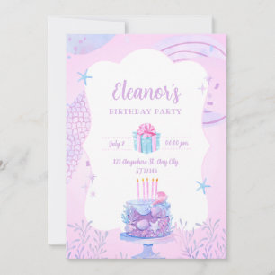 Pink Watercolor Cute Mermaid Birthday Party Invitation