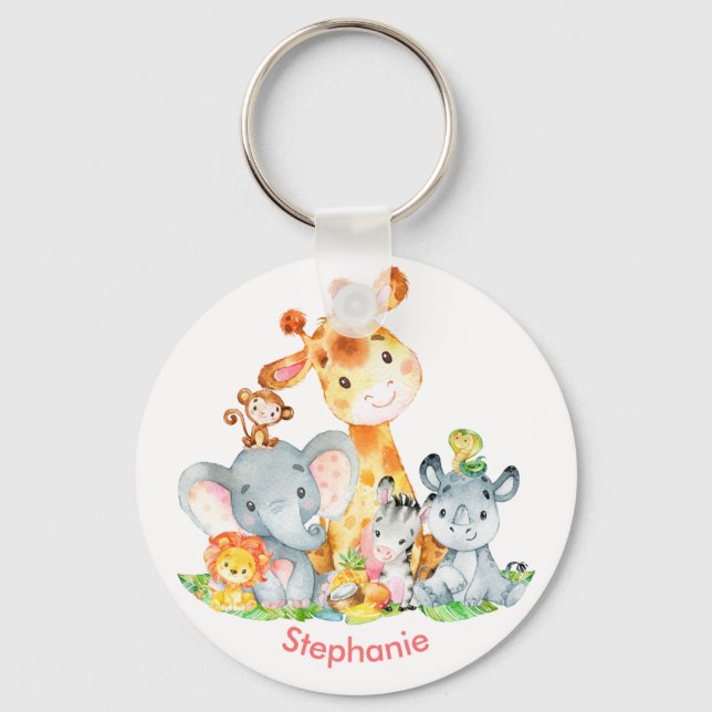 Pink Watercolor Cute Safari Jungle Animals Key Ring (Front)
