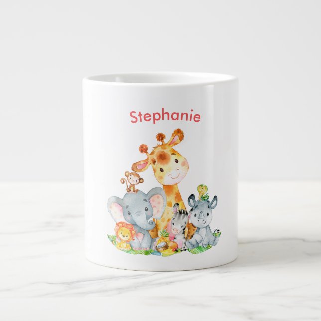 Pink Watercolor Cute Safari Jungle Animals Large Coffee Mug (Front)