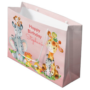 Pink Watercolor Cute Safari Jungle Animals Large Gift Bag