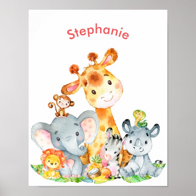 Pink Watercolor Cute Safari Jungle Animals Poster (Front)