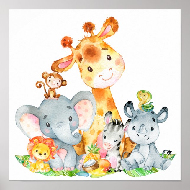 Pink Watercolor Cute Safari Jungle Animals Poster (Front)