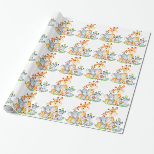 Pink Watercolor Cute Safari Jungle Animals Wrapping Paper