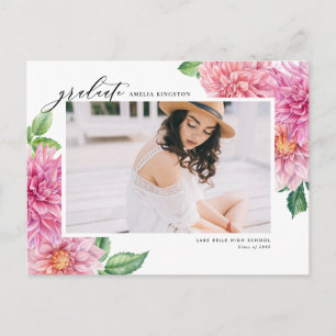 Pink Watercolor Dahlia Botanical Photo Graduation Announcement Postcard
