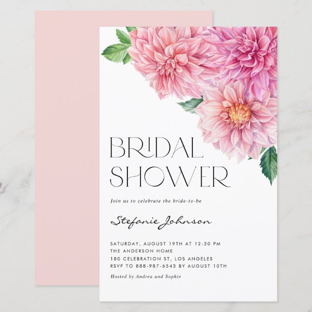 Pink Watercolor Dahlia Bridal Shower Invitation (Front/Back)