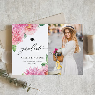 Pink Watercolor Dahlia Floral Photo Graduation Announcement
