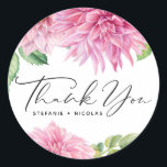 Pink Watercolor Dahlia Flowers Wedding Thank You Classic Round Sticker<br><div class="desc">This customisable wedding sticker adds a floral accent to your invitations,  envelopes,  and cards. It features a watercolour bouquet of pink dahlia flowers. Personalise by adding your details. This floral thank you sticker is perfect for spring baby showers,  bridal showers,  weddings,  and more. Matching items are available.</div>