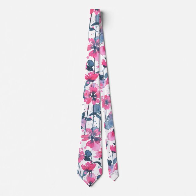 Pink Watercolor Daisies Tie (Front)