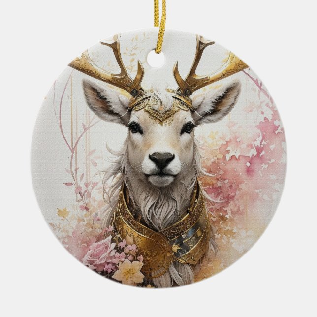 Pink Watercolor Deer Ceramic Christmas Ornament (Front)
