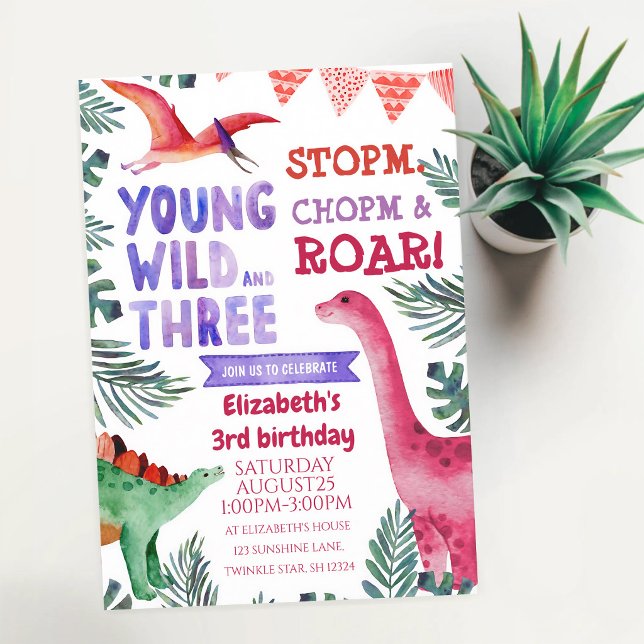 Pink Watercolor Dinosaur Young Wild Three Invitation (Creator Uploaded)