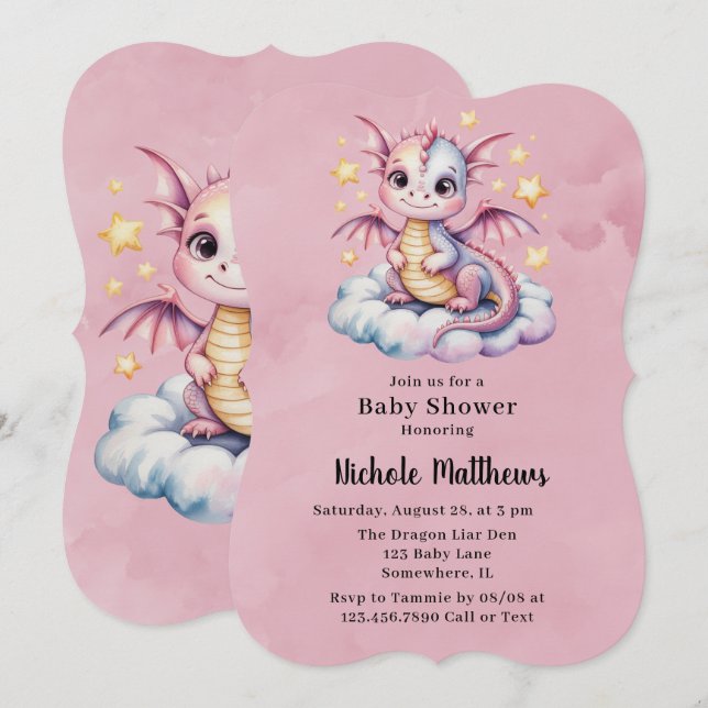 Pink Watercolor Dragon Girl Baby Shower Invitation (Front/Back)