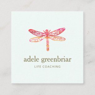 Pink Watercolor Dragonfly Logo Holistic Healer Square Business Card