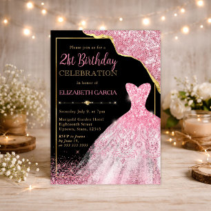 Pink Watercolor Dress and Glam Edge 21st Birthday Invitation