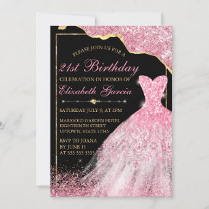 Pink Watercolor Dress & Glam Edge 21st Birthday Invitation