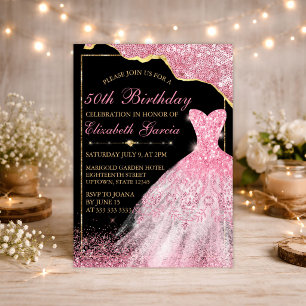 Pink Watercolor Dress & Glam Edge Birthday Invitation