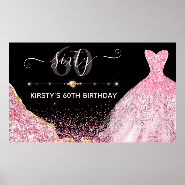 Pink Watercolor Dress & Glam Edge Birthday Poster (Front)