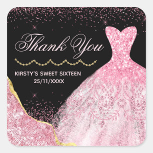 Pink Watercolor Dress Glam Edge Sweet 16 Birthday Square Sticker