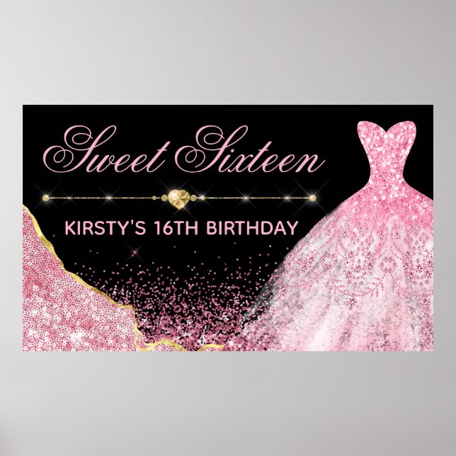 Pink Watercolor Dress & Glam Edge Sweet 16 Poster (Front)