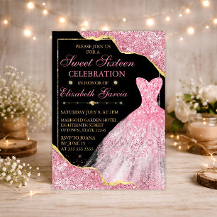 Pink Watercolor Dress & Glitter Glam Edge Sweet 16 Invitation