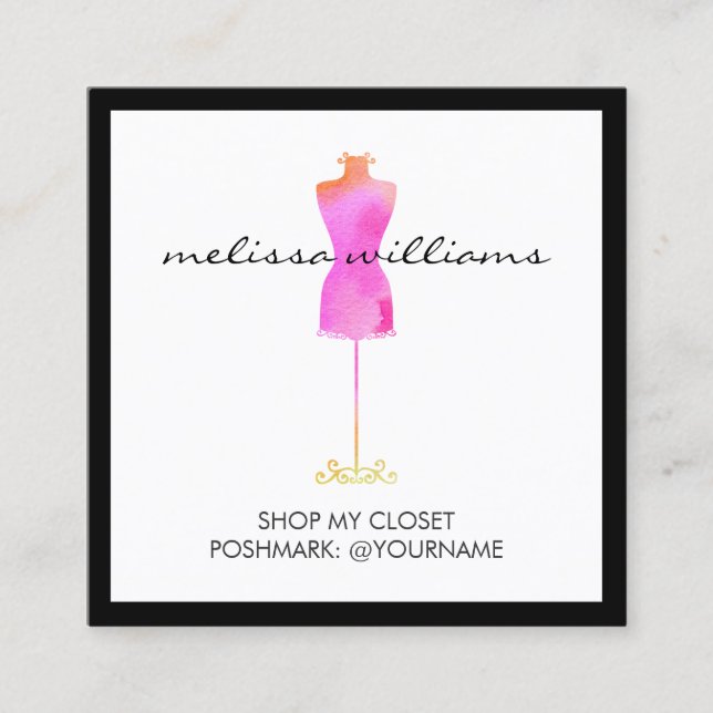 Pink Watercolor Dress Mannequin Poshmark Seller Square Business Card (Front)