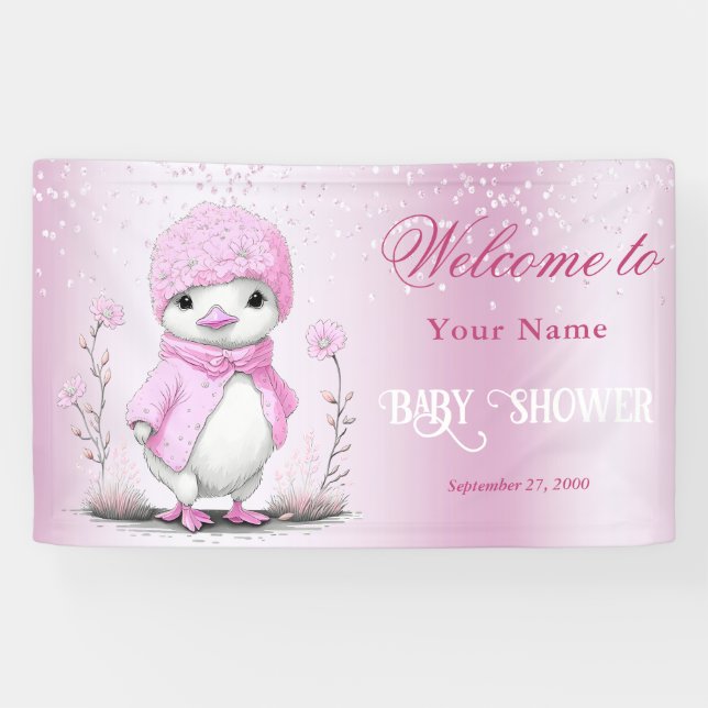 Pink Watercolor Duck Baby Shower Welcome Banner (Horizontal)