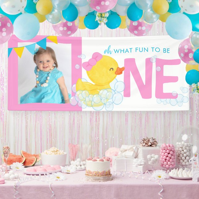 Pink Watercolor Duck Oh What Fun Photo Party Banner (Girl Ducky Fun to be One Photo Picture Hanging Vinyl Banner in Pink and White)
