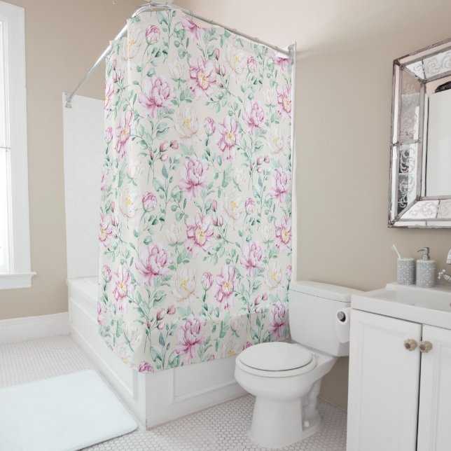 pink watercolor elegant floral shower curtain (In Situ)