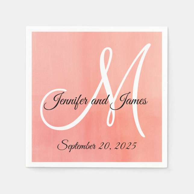Pink Watercolor Elegant Monogram Names Wedding Napkin (Front)