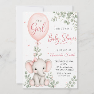 Pink Watercolor Elephant& Balloon Girl Baby Shower Invitation