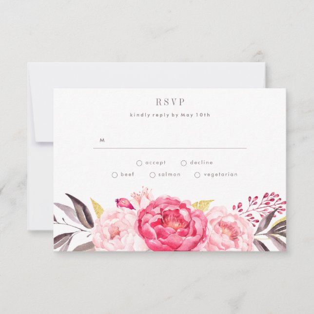 Pink Watercolor English Bouquet Wedding RSVP Card (Front)