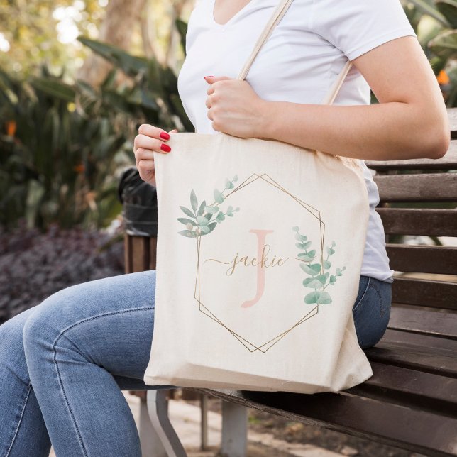 Pink Watercolor Eucalyptus Frame Monogrammed Tote Bag (Creator Uploaded)