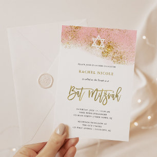 Pink Watercolor   Faux Gold Bat Mitzvah Invitation