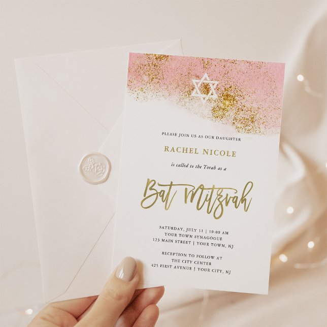 Pink Watercolor | Faux Gold Bat Mitzvah Invitation (Creator Uploaded)