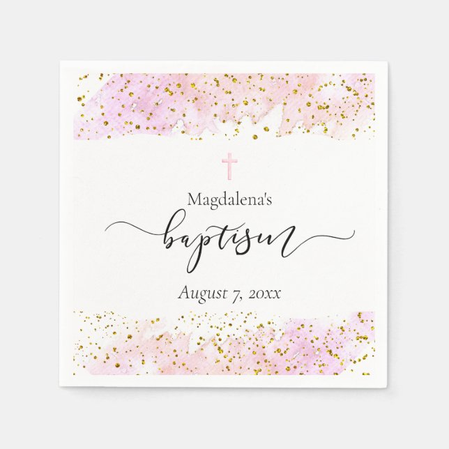 pink watercolor | faux gold details Baptism Napkin (Front)