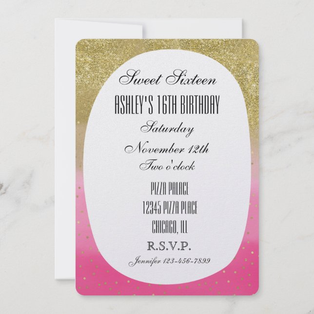Pink Watercolor Faux Gold Glitter Confett Sweet 16 Invitation (Back)