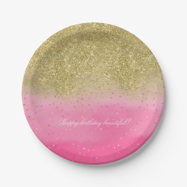 Pink Watercolor Faux Gold Glitter Confetti Paper Plate (Front)