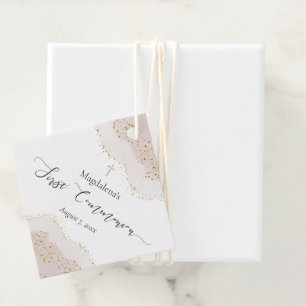 pink watercolor faux gold glitter First Communion Favour Tags