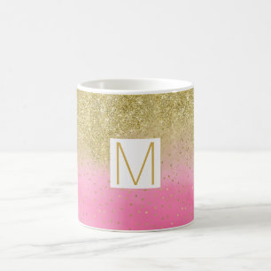 Pink Watercolor Faux Gold Glitter Monogram Coffee Mug