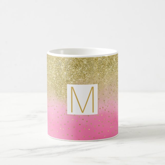 Pink Watercolor Faux Gold Glitter Monogram Coffee Mug (Center)
