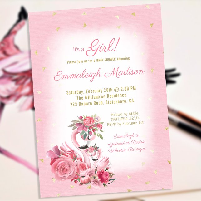 Pink Watercolor Flamingo Ballerina Baby Shower Invitation (Creator Uploaded)