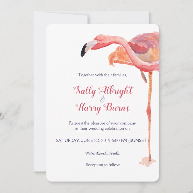 Pink Watercolor Flamingo Beach Wedding Invitation (Front)